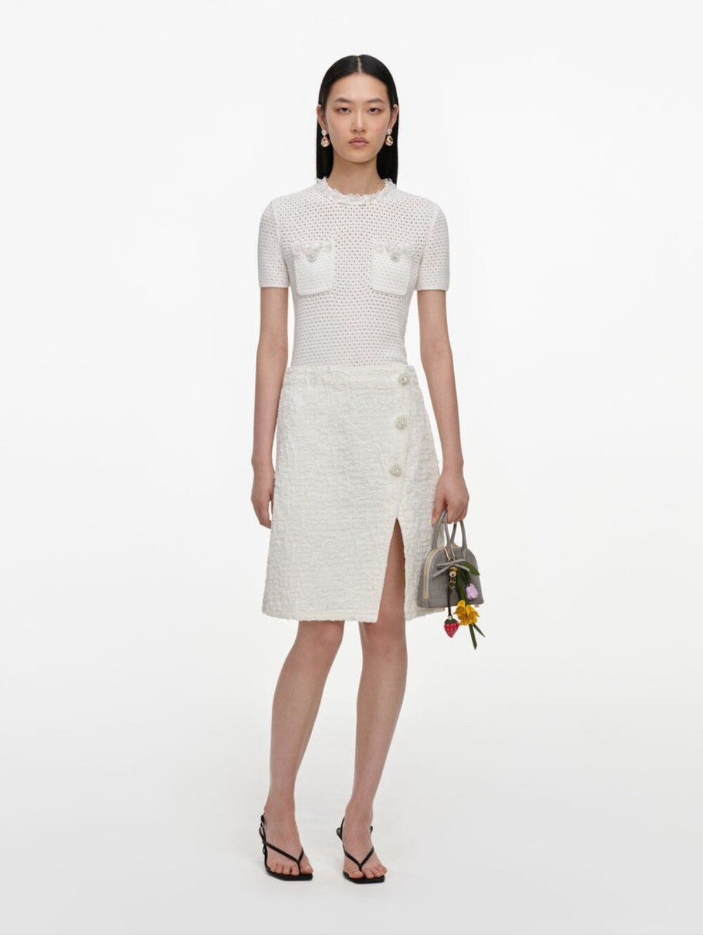 Self Portrait Cream Textured Denim Midi Skirt
